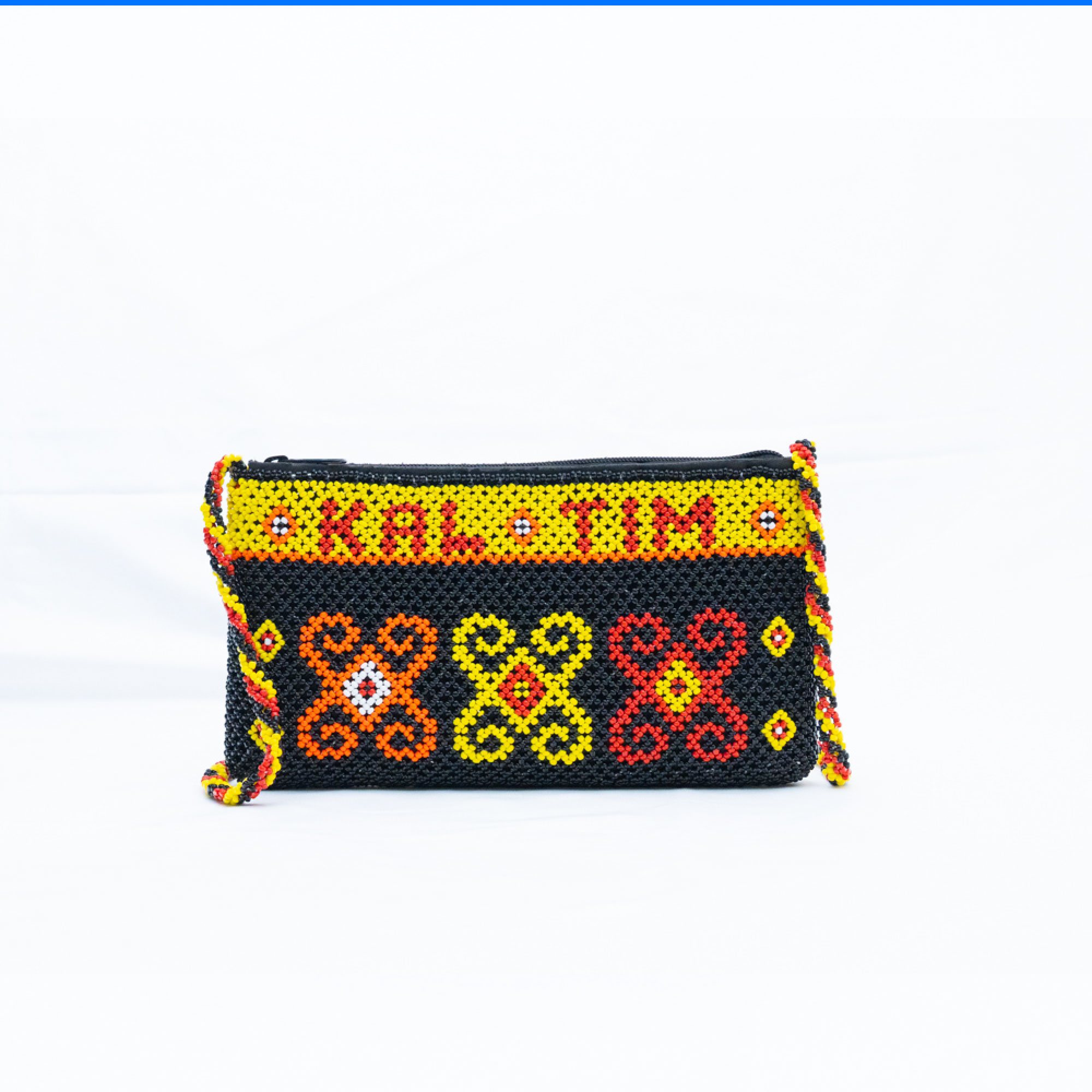 【本場 KAL TIM 刻印】インドネシア ダヤック 総ビーズ ショルダーバッグ ポシェット スマホショルダー 伝統工芸 東カリマンタン 民族柄 エスニック アジアン雑貨 幾何学模様 イエロー ブラック レッド 1点もの ハンドメイド ギフト