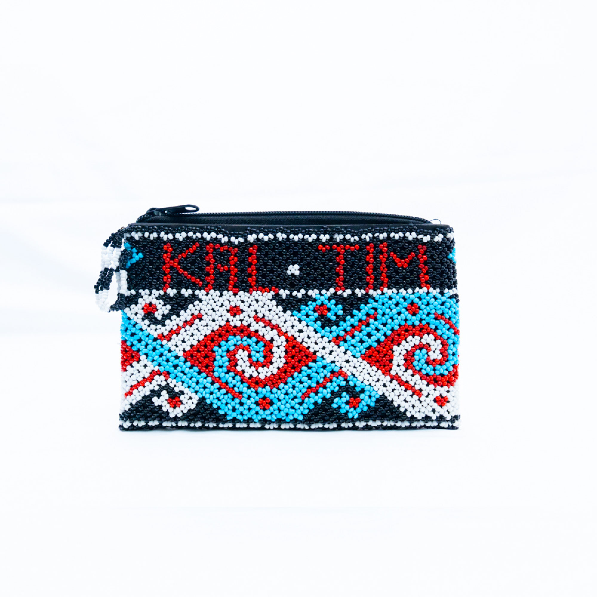 【本場 KAL TIM】インドネシア ダヤック 総ビーズ ミニポーチ コインケース アクセサリーケース 伝統工芸 東カリマンタン 民族柄 エスニック アジアン雑貨 幾何学模様 ブルー ブラック レッド 1点もの ハンドメイド ギフト